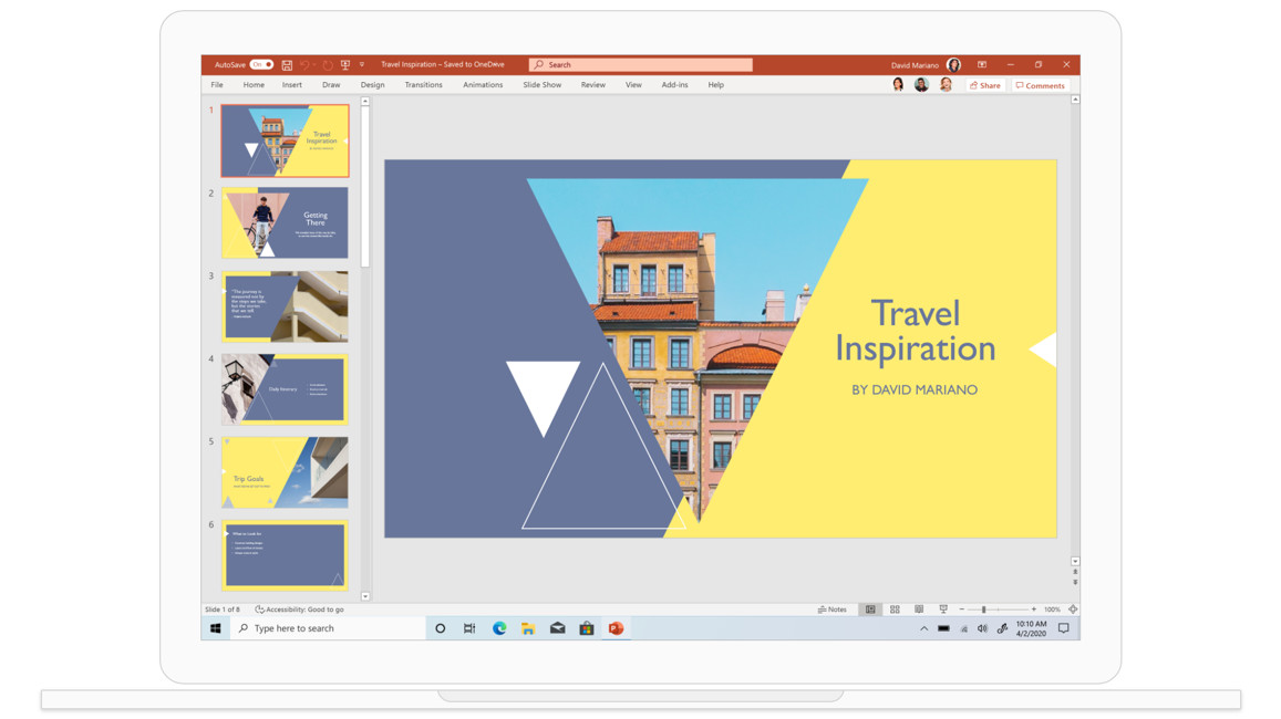 A PowerPoint presentation titled Travel Inspiration with travel-related photography throughout.