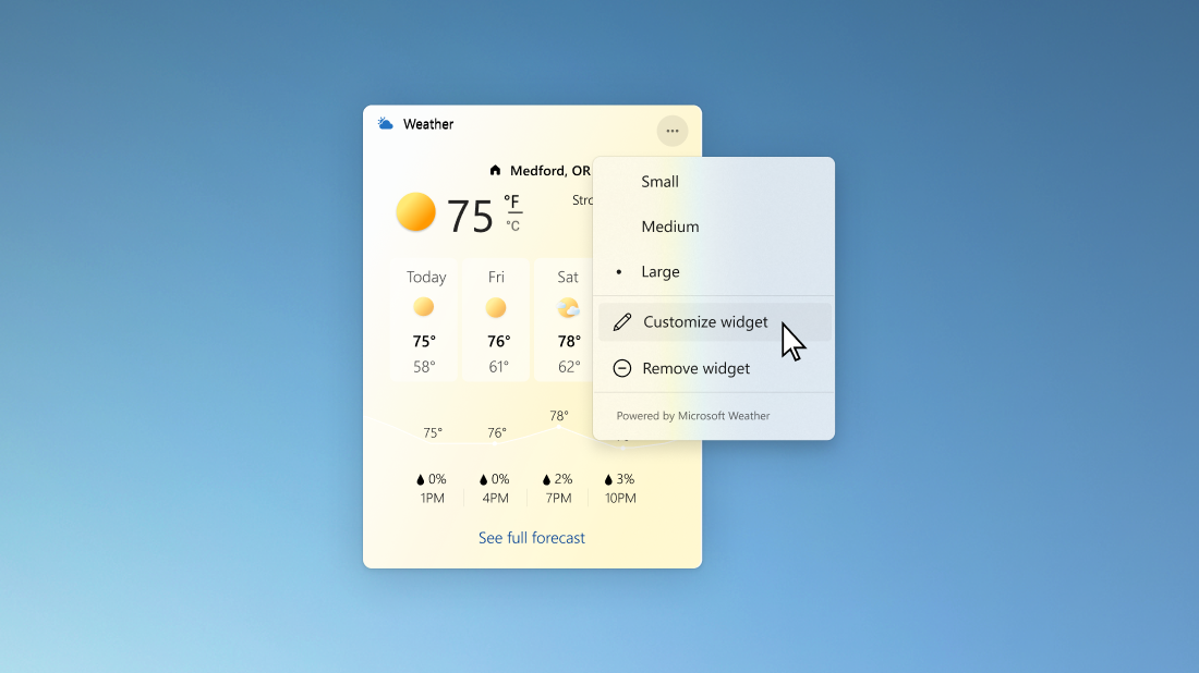 Fenêtre de prévisions météo avec boîte de dialogue de personnalisation du widget ouverte