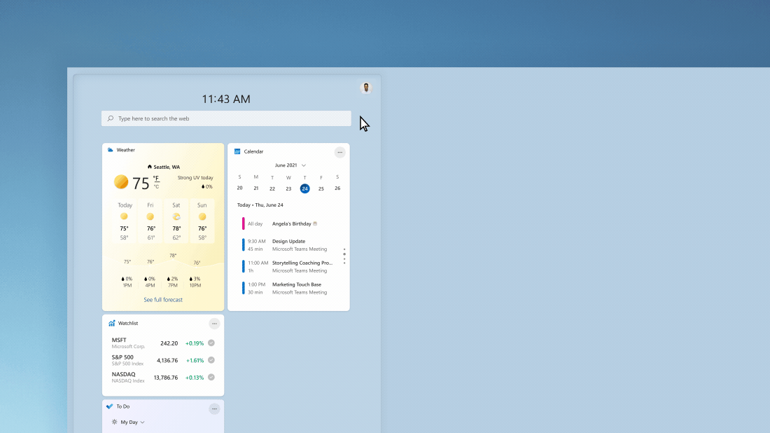 Okno s předpovědí počasí a otevřeným dialogovým oknem pro přizpůsobení widgetu