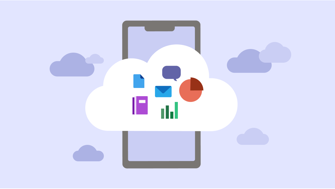 Ilustrace mobilního telefonu s cloudem a aplikacemi v cloudu