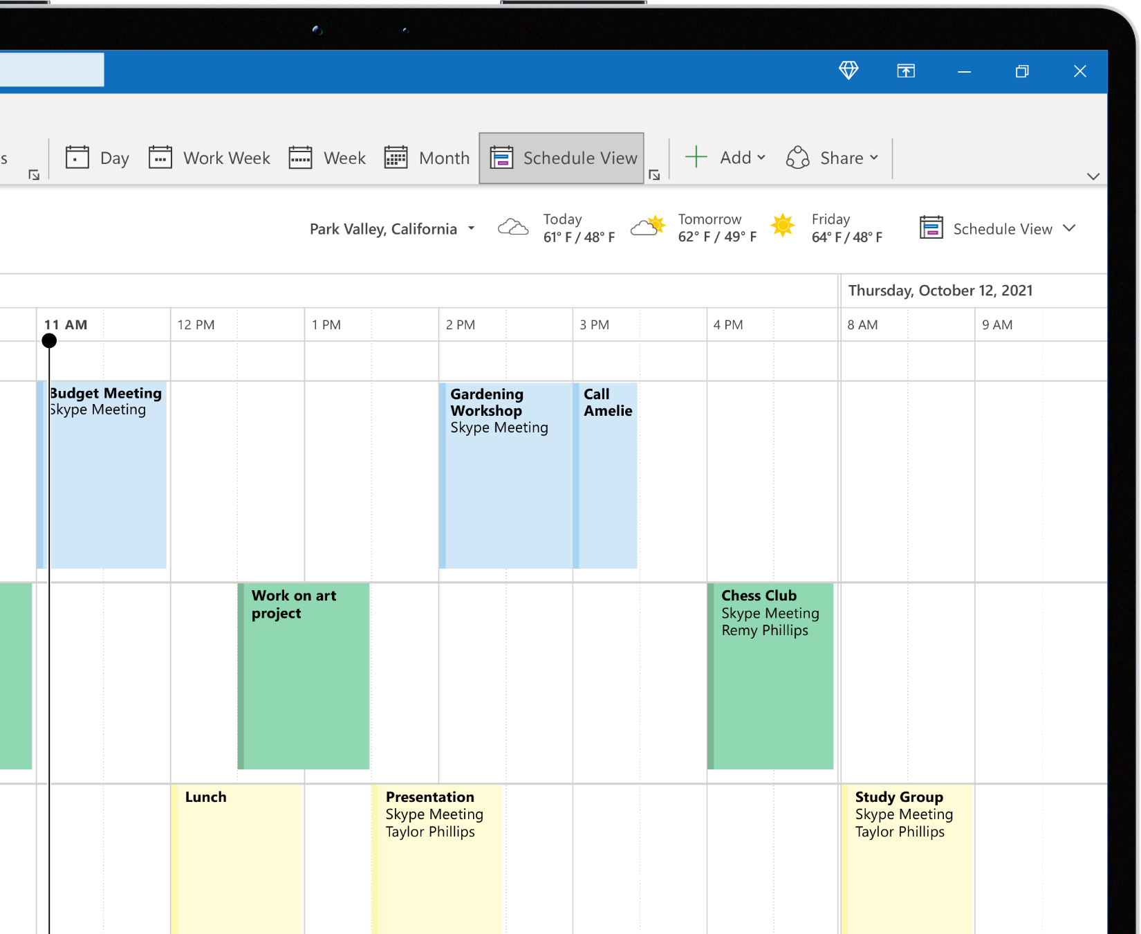 A calendar in Outlook showing color-coordinated meetings.