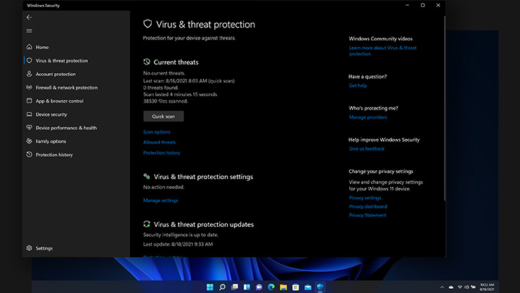 Pantalla de seguridad Protección de virus y amenazas de Windows 11