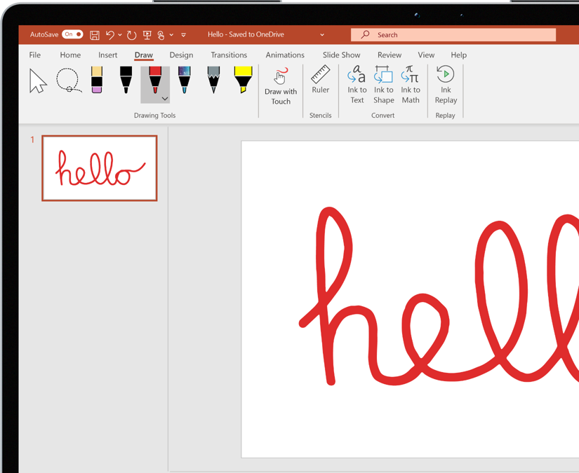 A PowerPoint presentation where the user has used the marker to write hello on a slide.