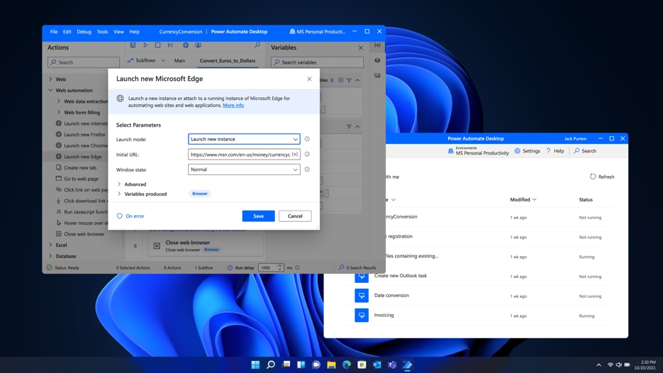 Two windows being run in Windows 11, one showing a new instance of Microsoft Edge being launched and one showing a Power Automate Desktop.