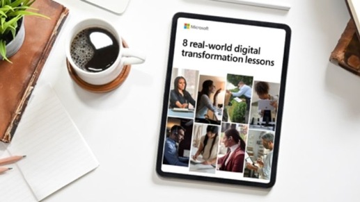 The front cover of 8 real-world digital transformation lessons e-book on a desk