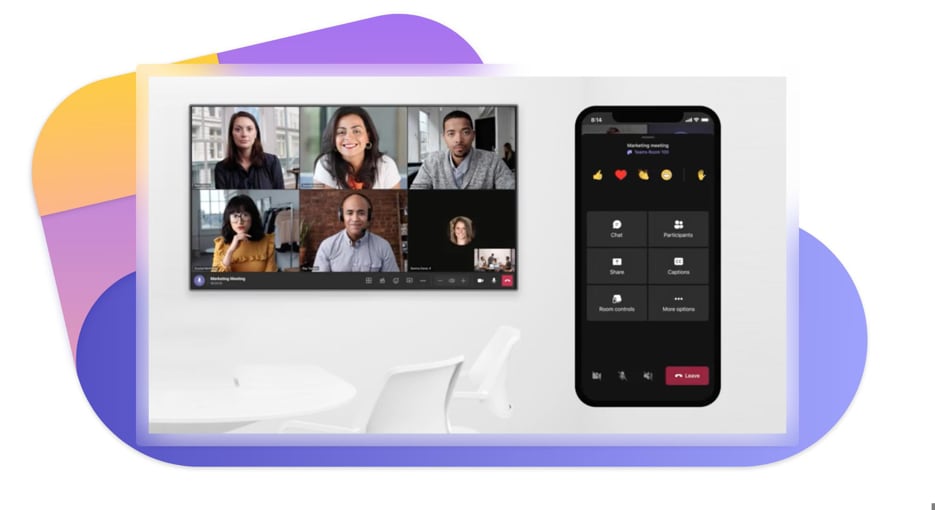 A desktop view of a Teams video call and a mobile view of the actions you can take in a Teams video call such as chat, view participants and more.
