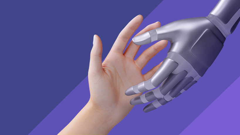 An illustration of a human hand meeting a bionic hand