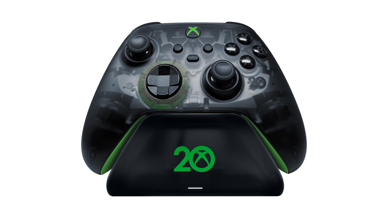 Razer Universal Quick Charging Stand with an Xbox controller attached to it.