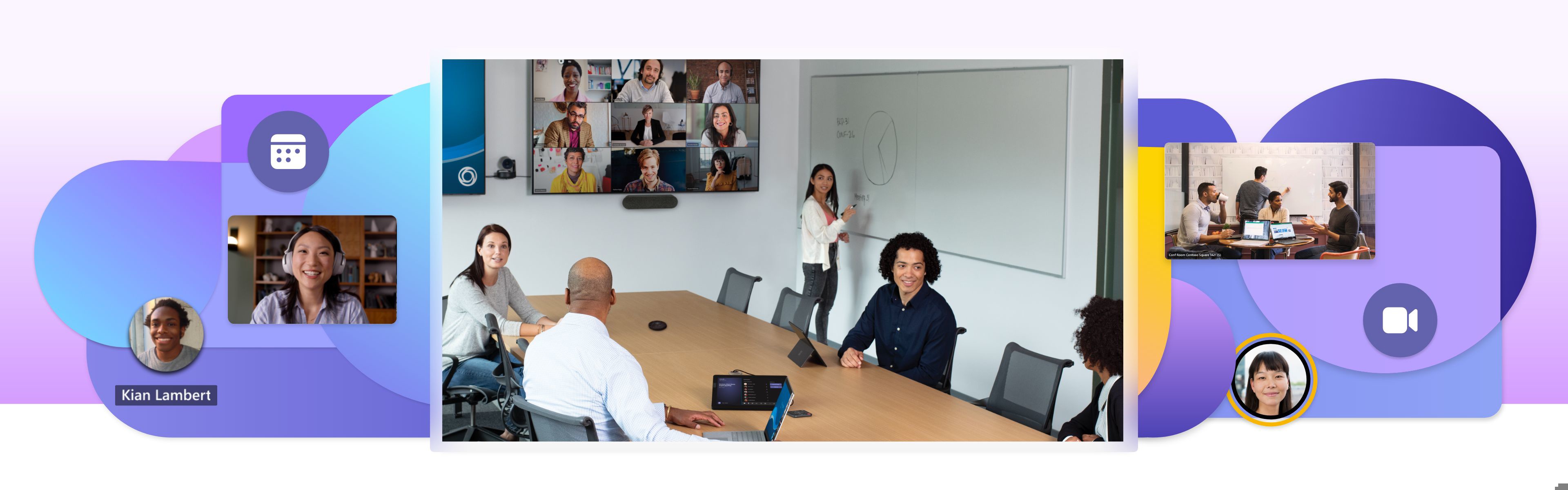 Five people in a Teams Room with a dual display screen on the wall at the front of the room. Four people are sitting at a conference table which has a front-of-the-room console on it. One person is writing at a whiteboard on the side wall.