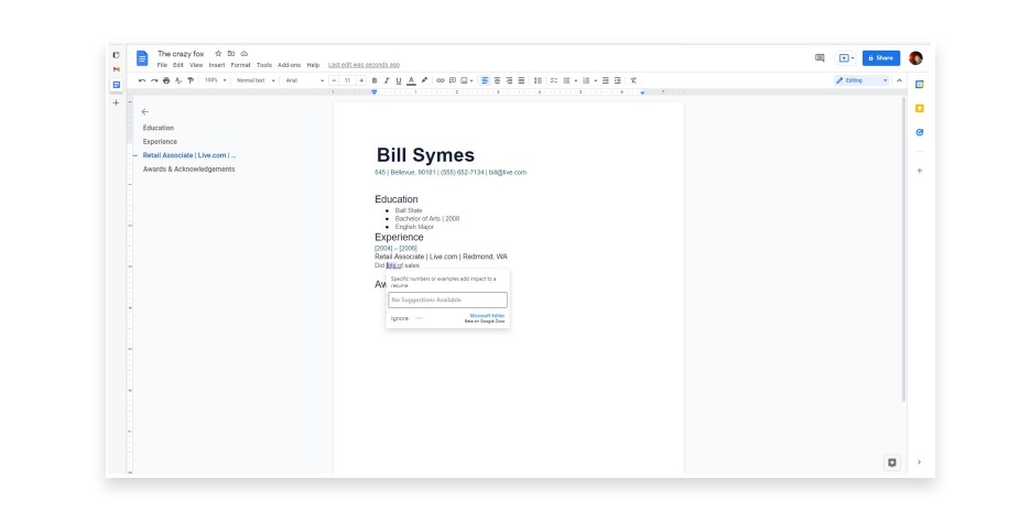 Microsoft Editor making a suggestion in a Google document.