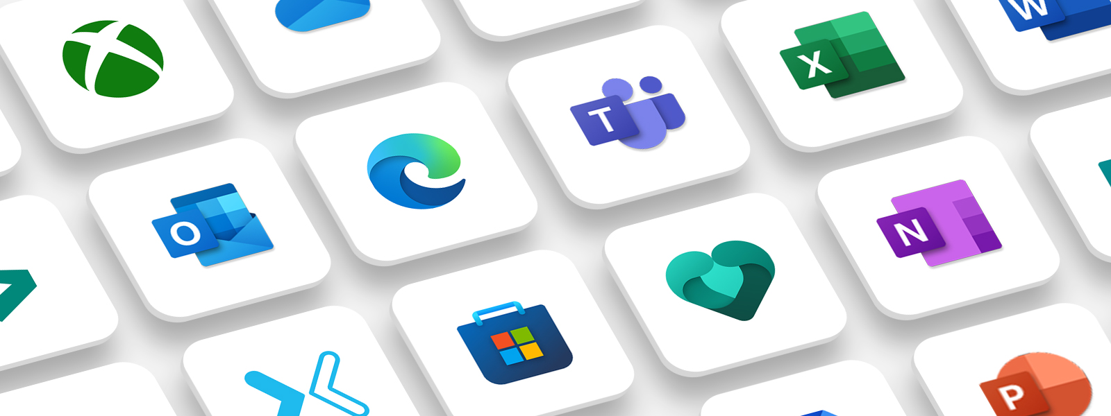 白色背景上的许多彩色 Microsoft 应用程序徽标