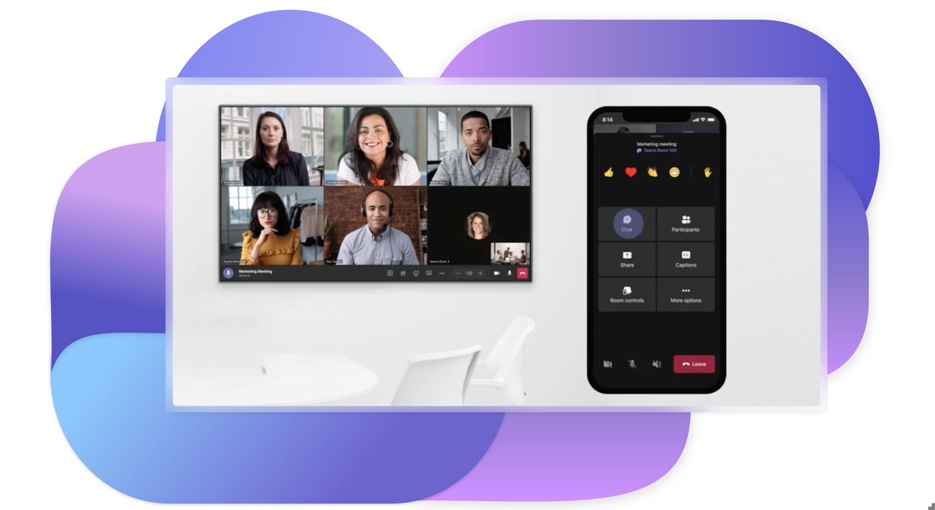 A desktop display of a Teams video call with 7 participants and a mobile display of actions available during a Teams call.