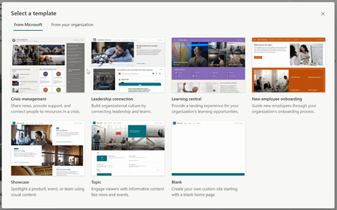 “From Microsoft” template gallery view with the Department template hidden