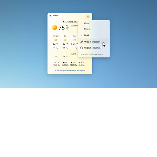 Wettervorhersagefenster mit geöffnetem Dialogfeld zum Anpassen des Widgets
