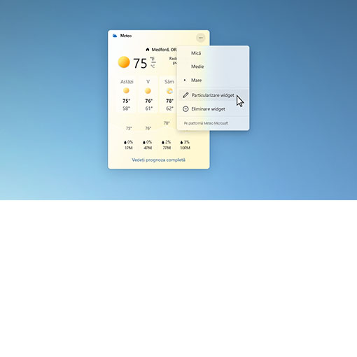 Fereastră de prognoză meteo cu caseta de dialog de personalizare a widgetului deschisă