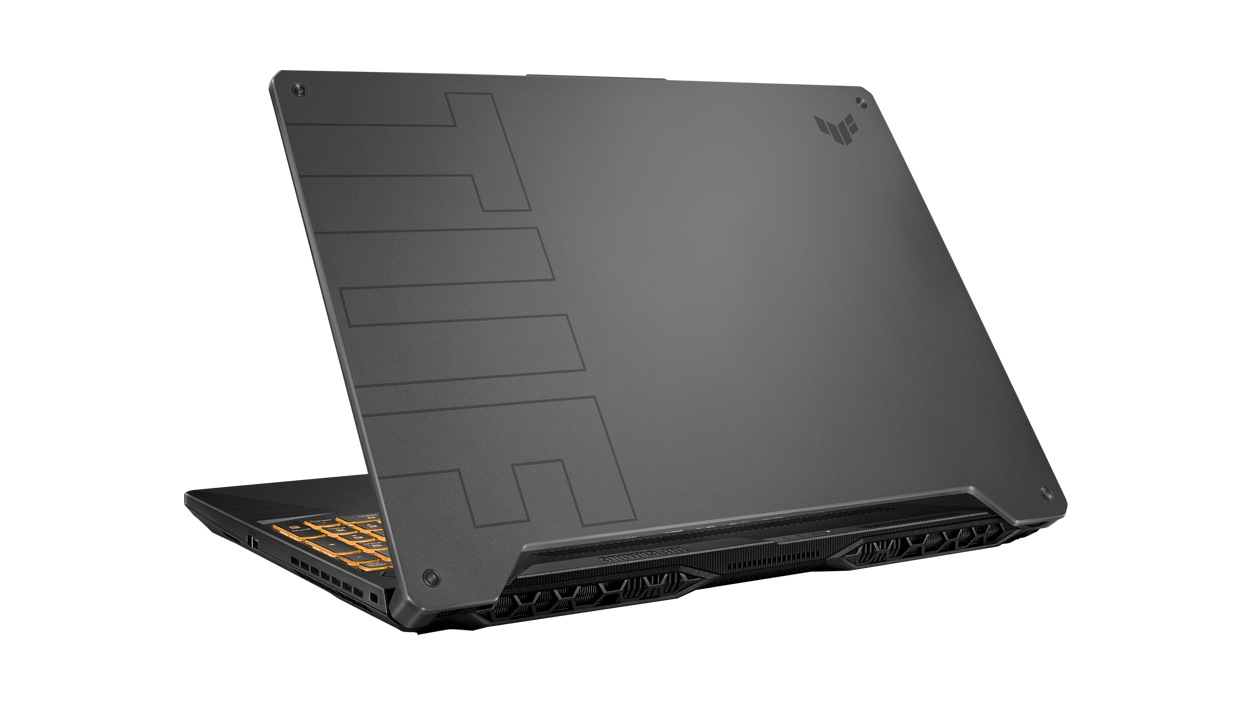 Rear view of the Asus T U F F 15 Gaming Laptop.