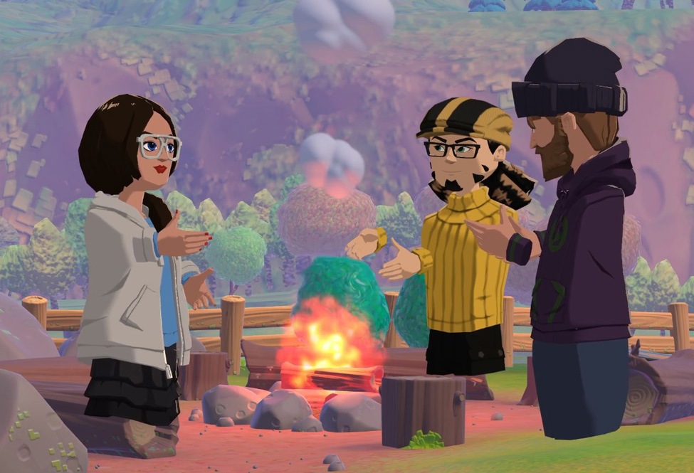 Three avatars having a conversation over a campfire in Mesh.