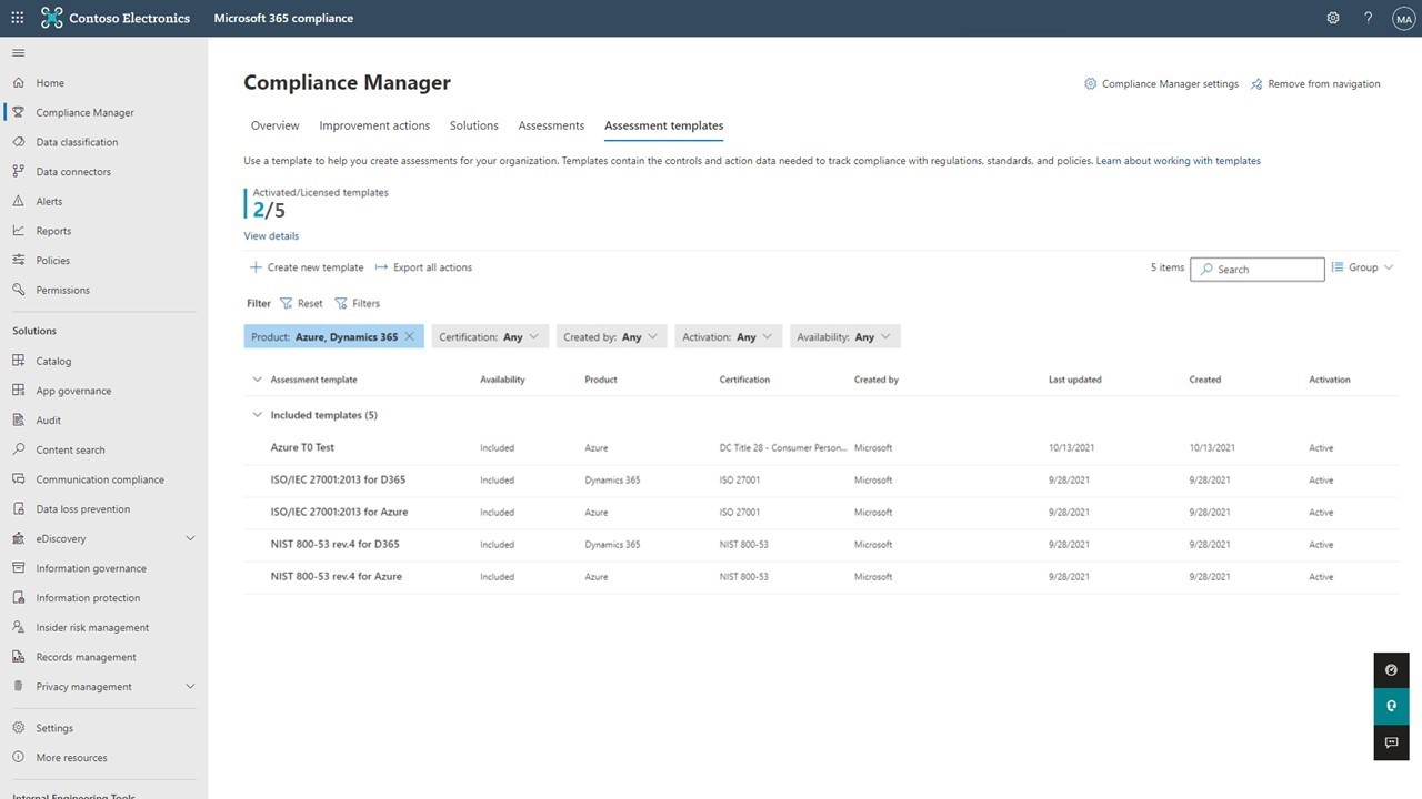 Compliance Manager now includes Azure and Dynamics 365 assessment templates, helping you track compliance for your Microsoft cloud from a single place.