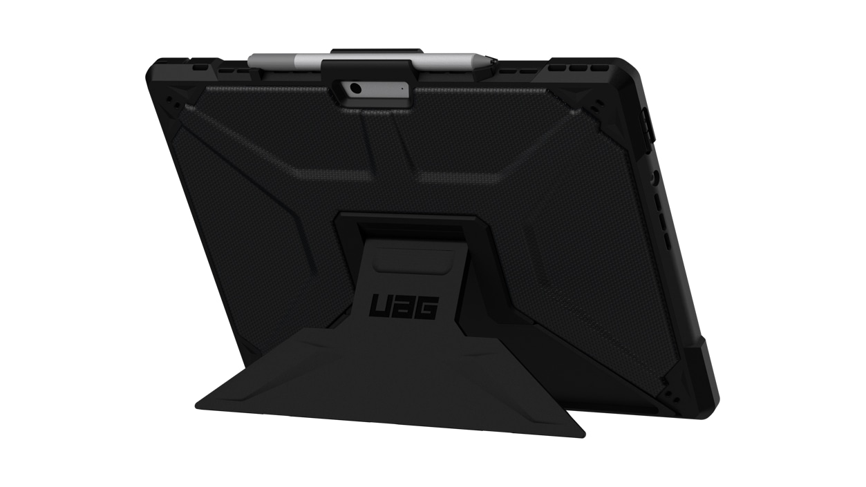 U A G Metropolis Surface Pro 8 Case in Black facing rear right.