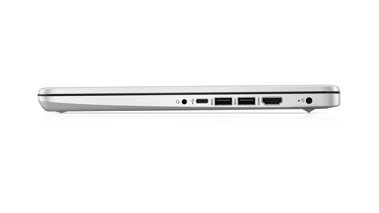 Left side view of an H P 14-f q 0039 m s 14-inch laptop.