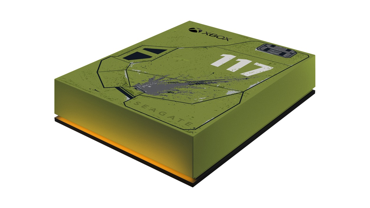 Angled view of a Seagate Halo Infinite Special Edition Xbox 5 TB Game Drive. 
