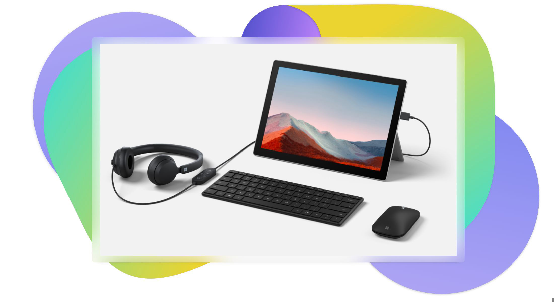 A tablet, bluetooth keyboard, over the ear headphones and a bluetooth mouse.