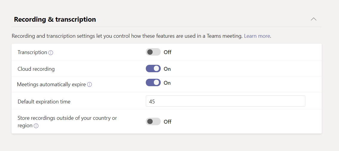 You can turn "Meetings automatically expire" to off if you do not want meeting recordings to expire at all, or you can set a specific number of default days between 1 and 99999.