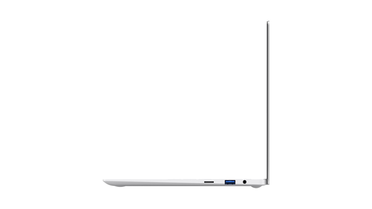 Side view of the Samsung Galaxy Book Pro laptop in Mystic Silver facing left.