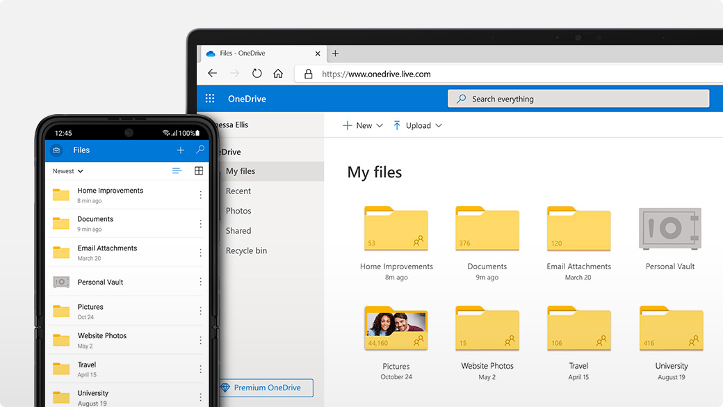 Mobilenhet viser Filer-skjerm ved siden av enhet som viser OneDrive Mine filer-vindu