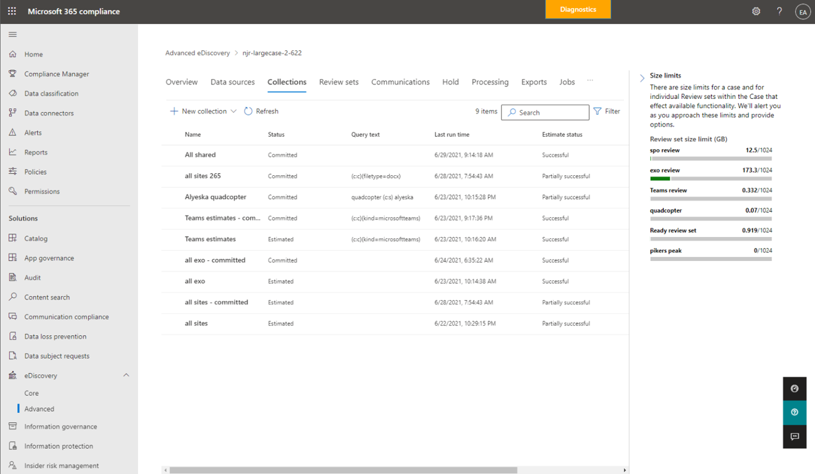 Diagnostics page showing large case size limits