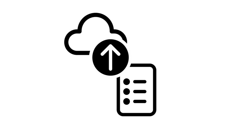 Icons of a cloud, arrow pointing upward and a web application depicting uploading content to the cloud.