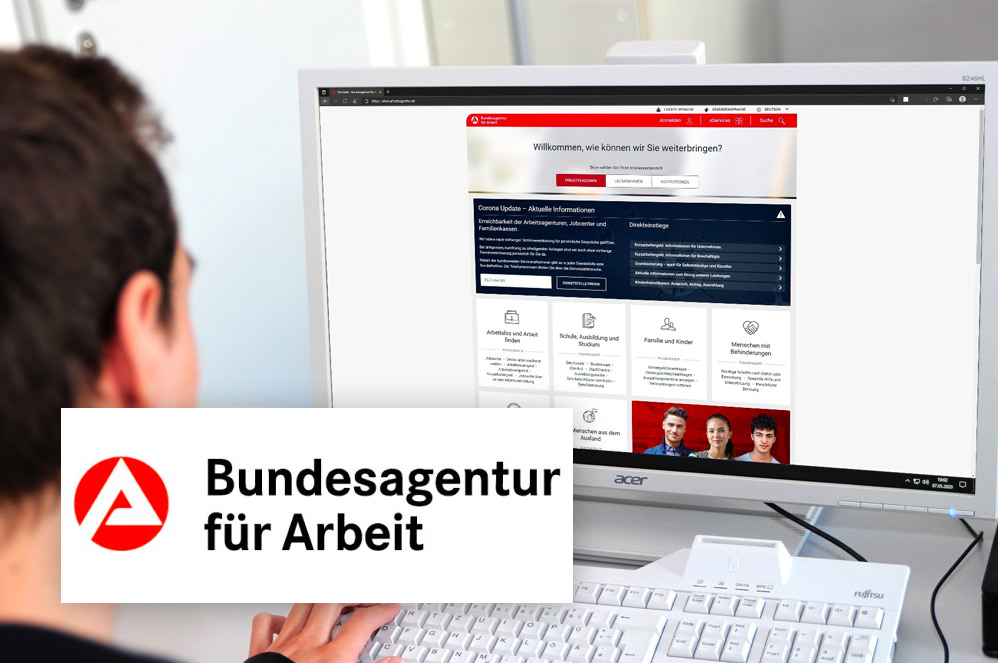 O logotipo da Bundesagentur für Arbeit sobreposto à imagem de uma pessoa usando um computador.