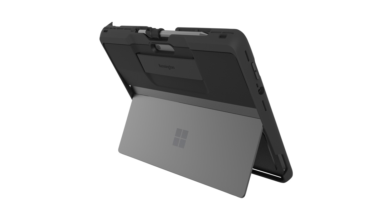 Kensington Black Belt Rugged Case for Surface Pro 8 in Black facing rear right.