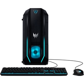 Front view of the Acer Predator Orion 3000 Gaming Desktop with a wired gaming keyboard and a wired gaming mouse.
