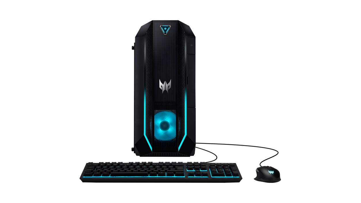 Front view of the Acer Predator Orion 3000 Gaming Desktop with a wired gaming keyboard and a wired gaming mouse.