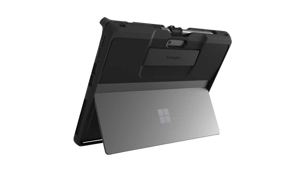 Kensington Black Belt Rugged Case for Surface Pro 8 in Black facing rear left.