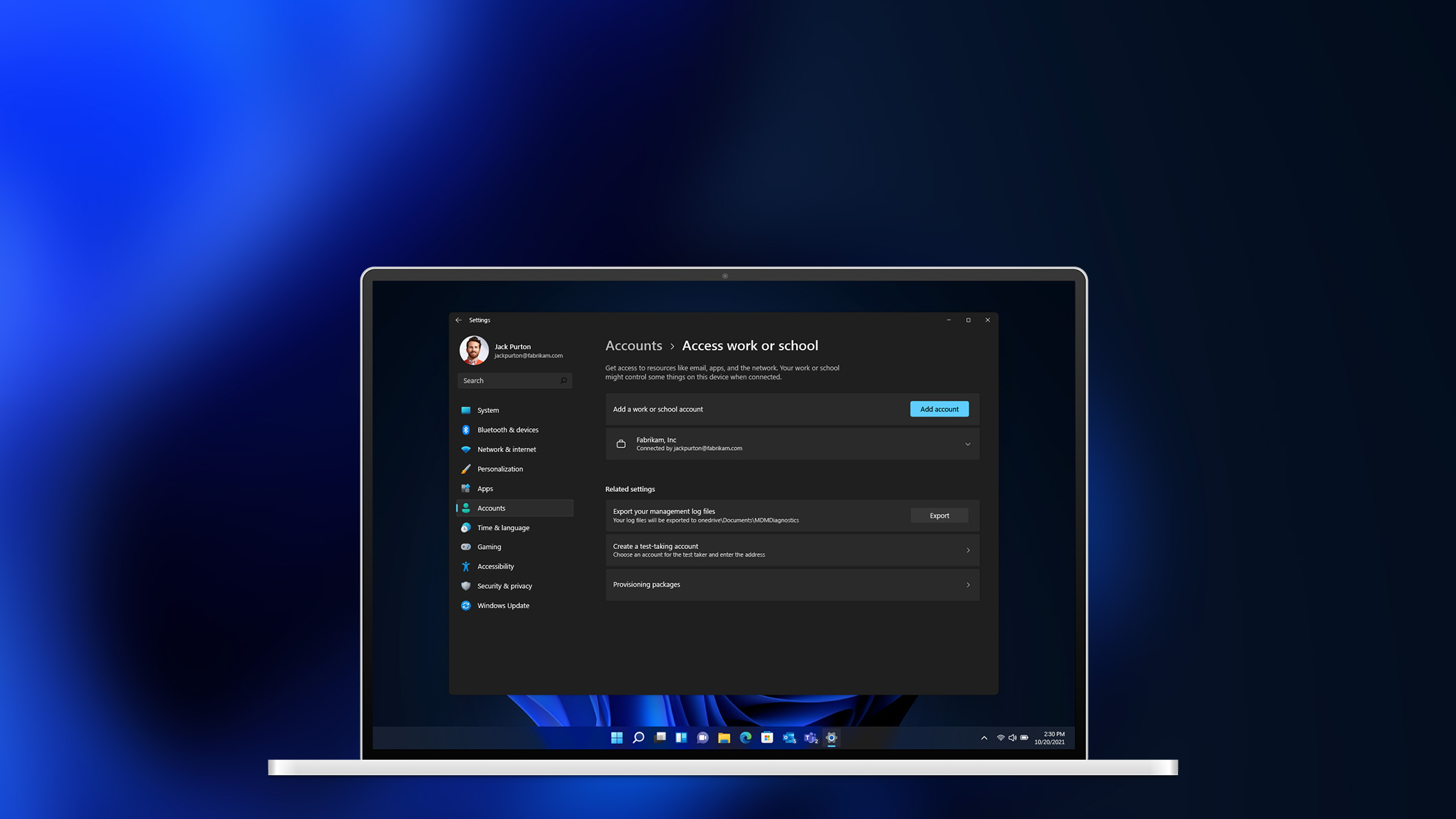 A screen displaying Windows 11 account settings options