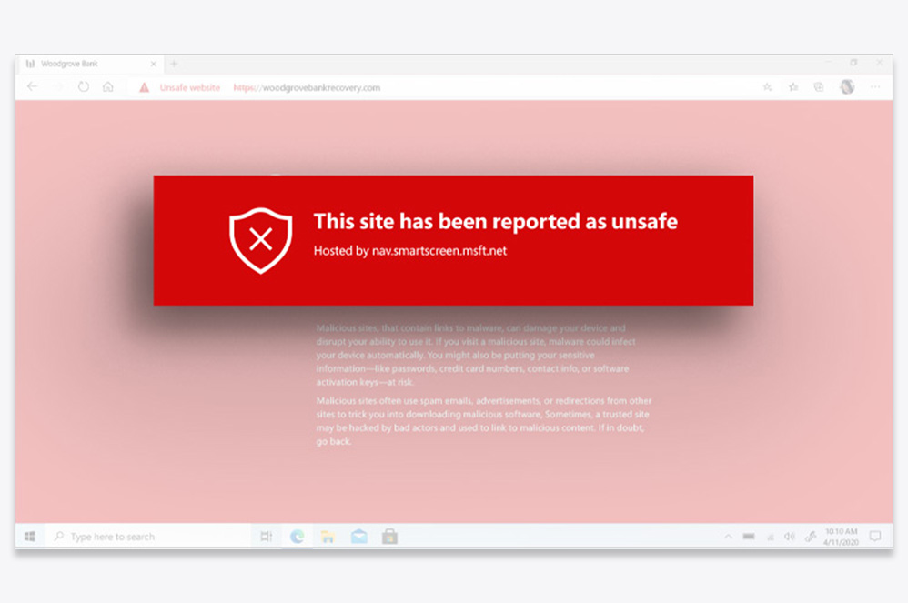 A Microsoft Edge pop-up notification letting a user know a website has been reported as unsafe.
