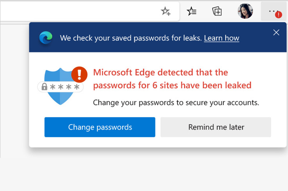 A Microsoft Edge pop-up notification letting a user know their passwords for some websites have been leaked.
