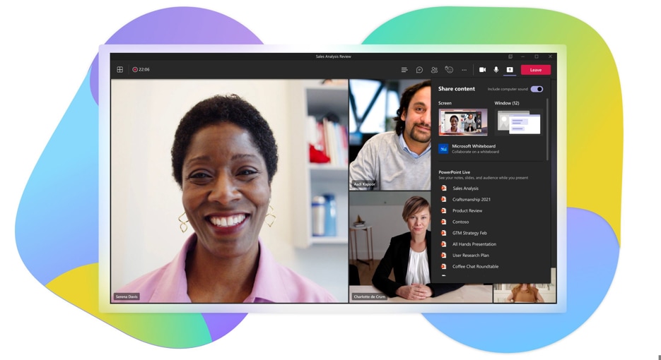 A Teams video call displaying the options for screen sharing and sharing content.