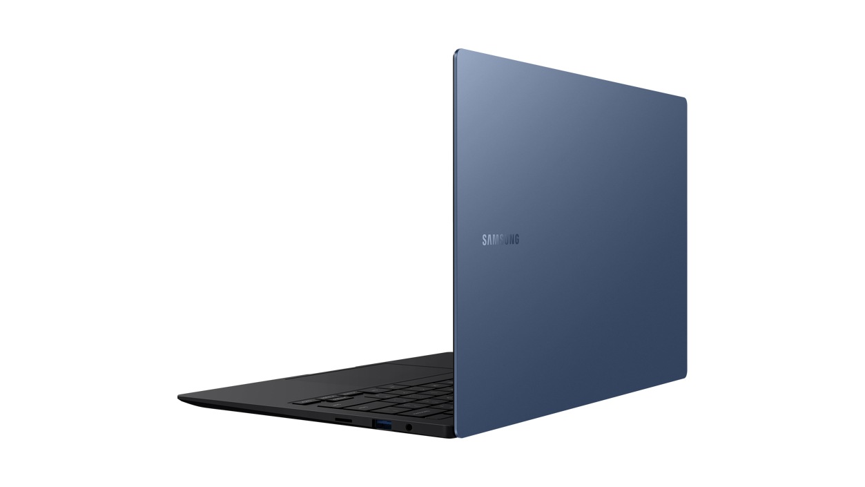 Rear view of the Samsung Galaxy Book Pro laptop in Mystic Blue facing left.