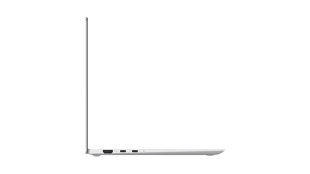 Side view of the Samsung Galaxy Book Pro laptop in Mystic Silver facing right.