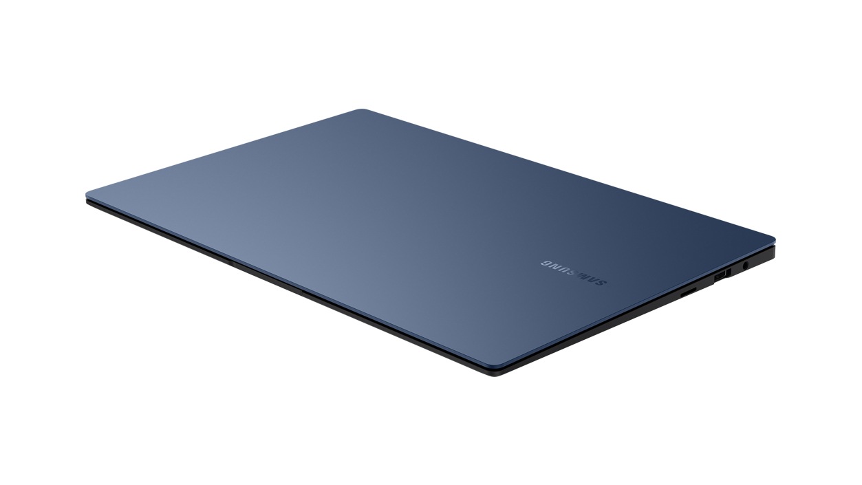Samsung Galaxy Book Pro laptop in Mystic Blue with the lid closed facing left.