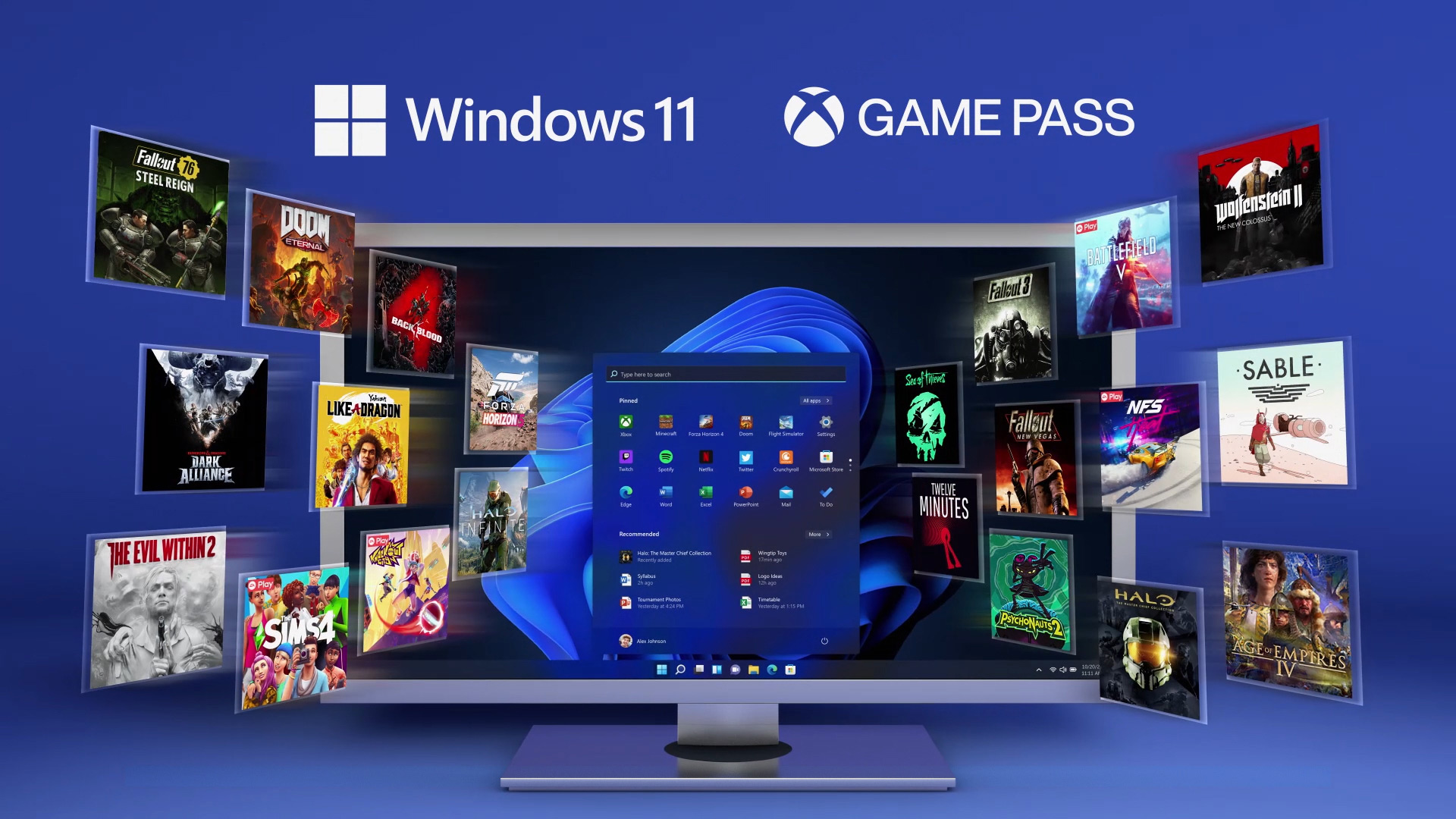 Монитор с экраном Windows 11 с цветком и окно закрепленных приложений в окружении большого количества игр