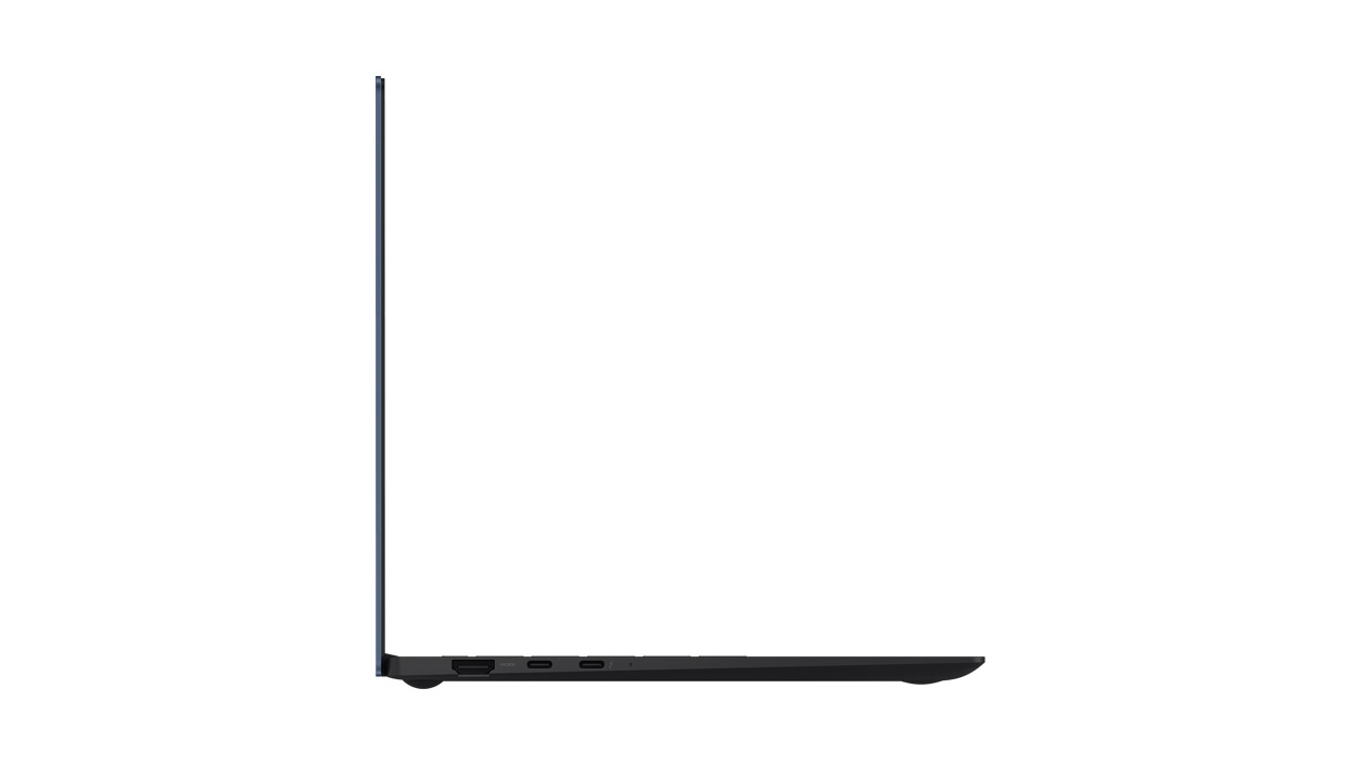 Side view of the Samsung Galaxy Book Pro laptop in Mystic Blue facing right.
