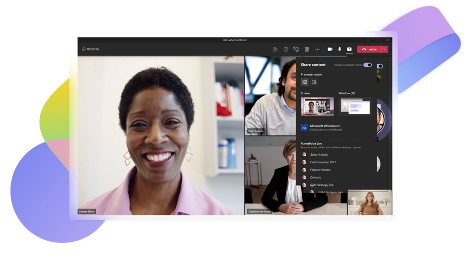 The content sharing options being displayed in a Teams video call.