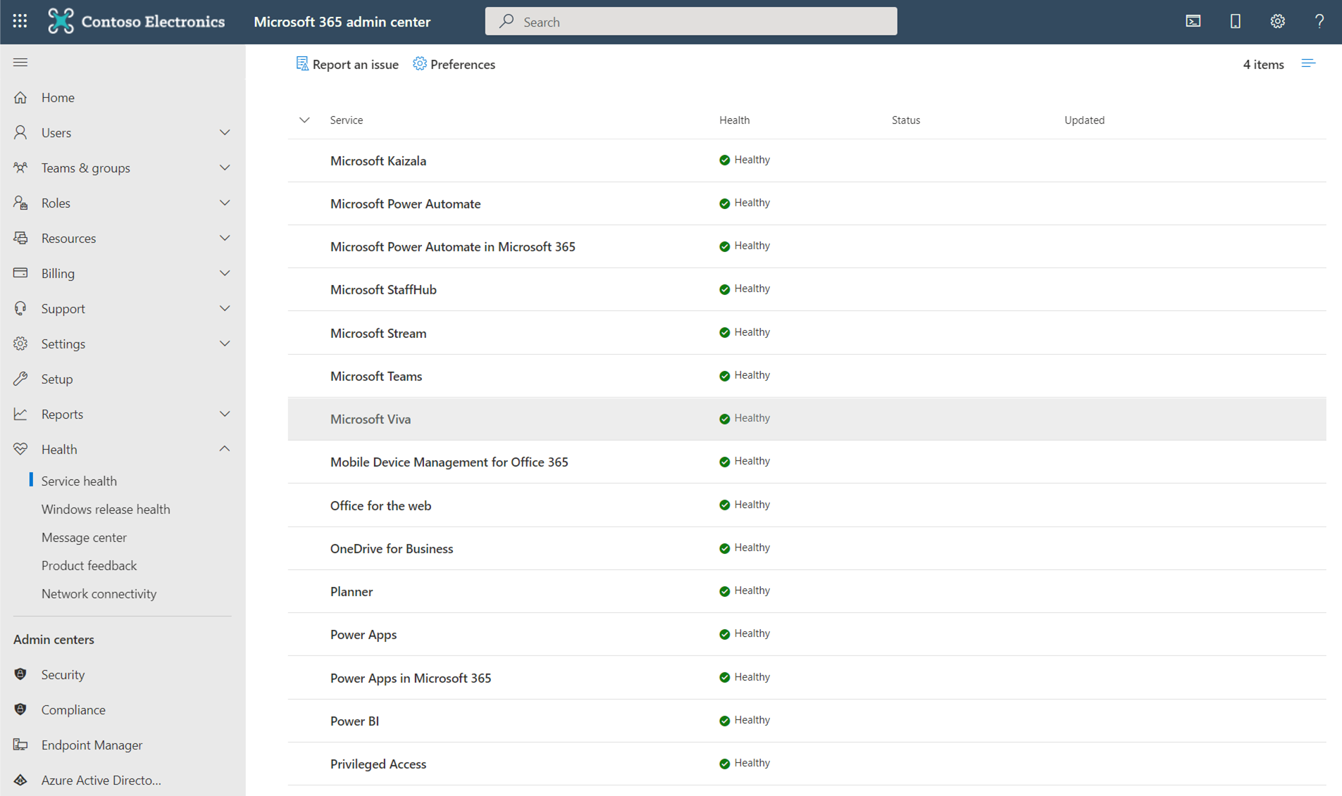As a first step, administrators looking for Service health information related to Viva Topics, Viva Insights, Viva Connections, and Viva Learning should look under the ‘Microsoft Viva’ service listing within Service health, in Microsoft 365 admin center.