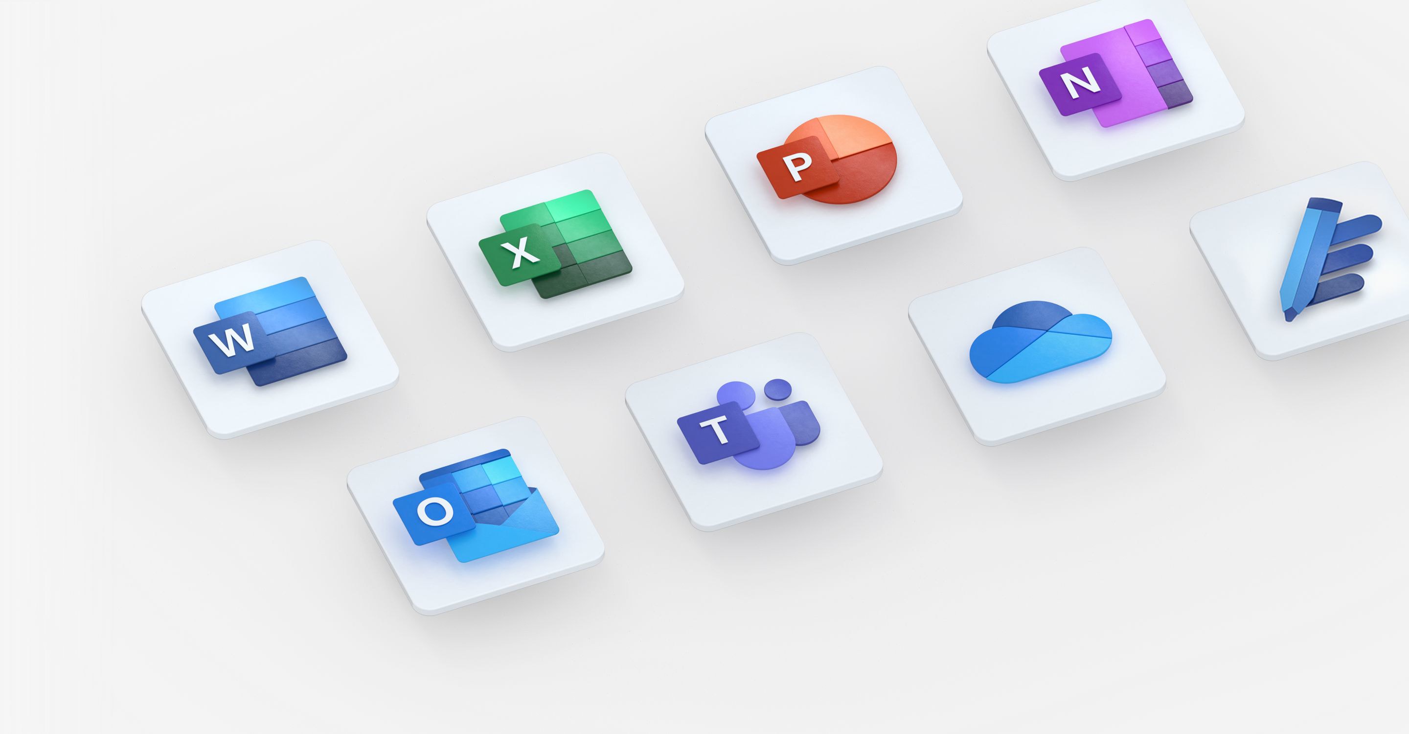 Icons from Microsoft 365 apps such as Word, Excel, PowerPoint, OneNote, Outlook, Teams, OneDrive and Editor.