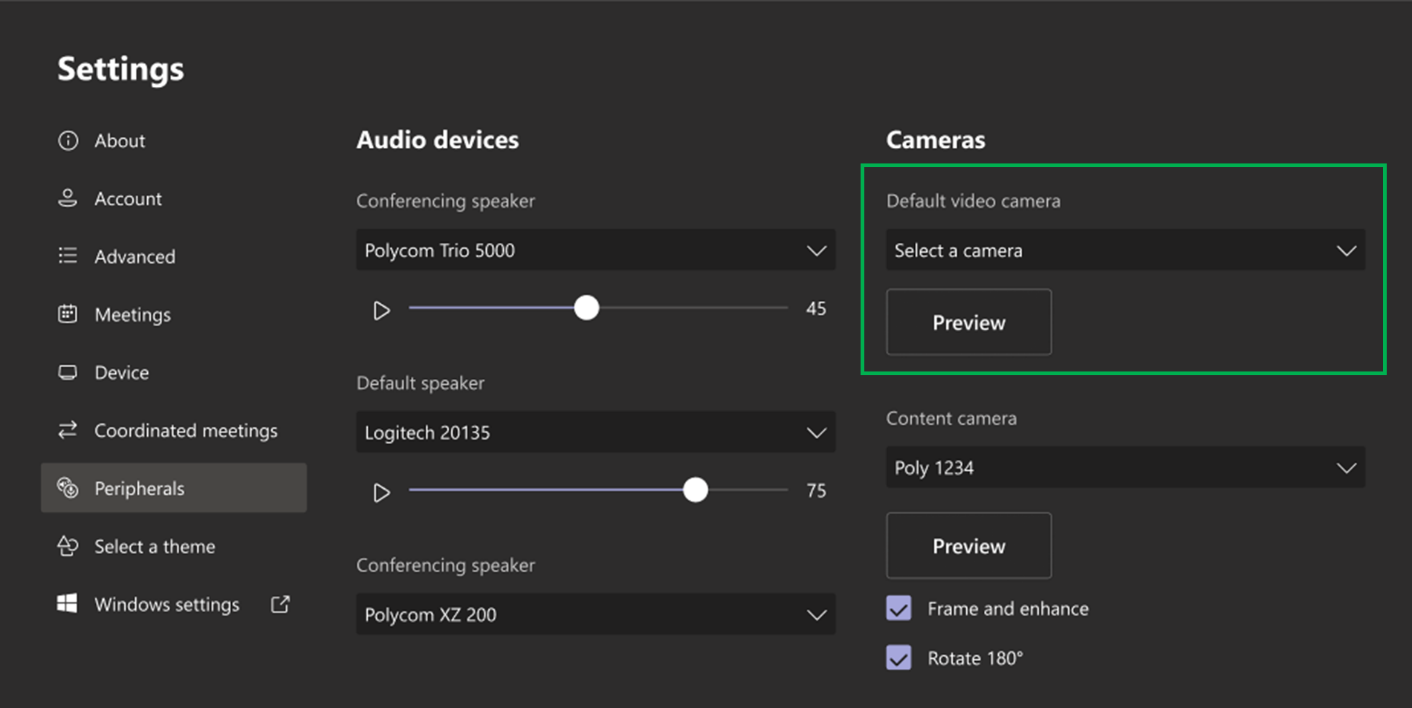 Device administrators can select a default video camera by selecting it from device settings, through XML configuration or from Teams Admin Center user interface.