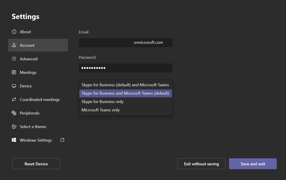 Set device to Skype for Business and Microsoft Teams (default)